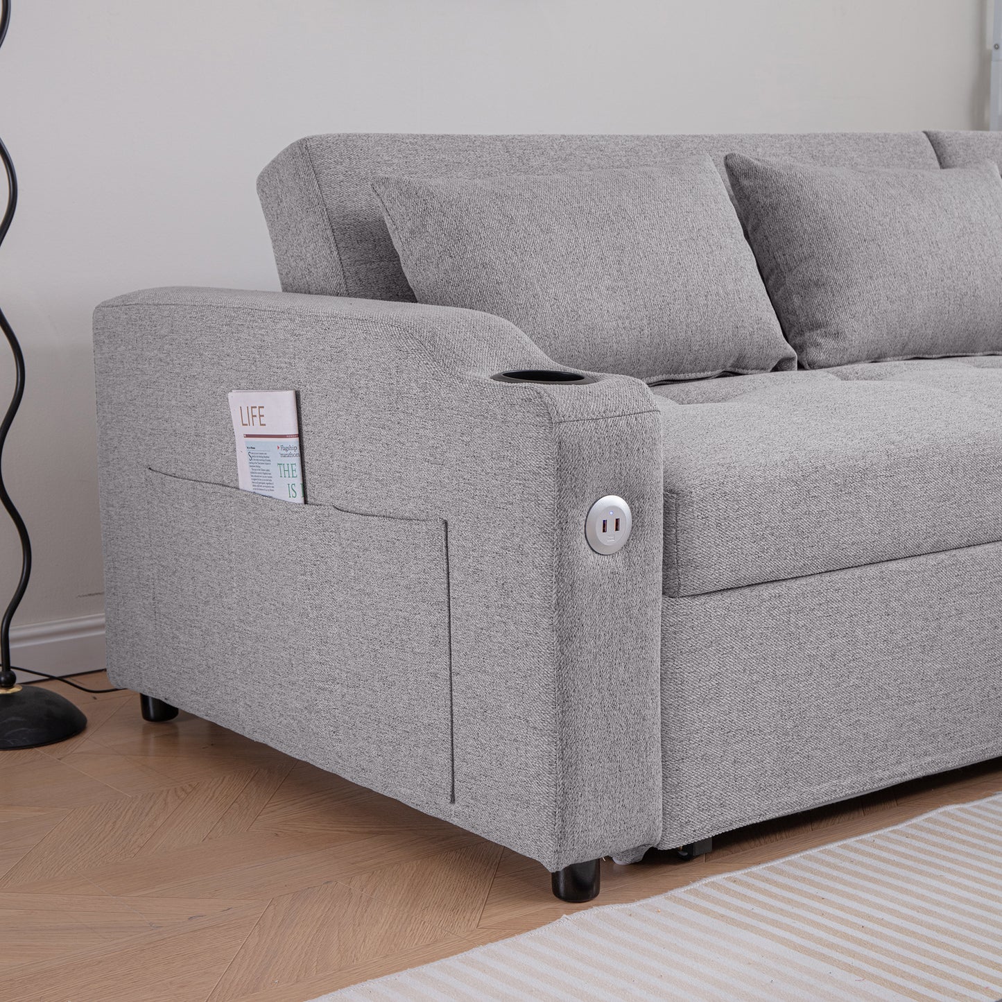Gray fabric recliner sofa with builtin USB ports and cup holder