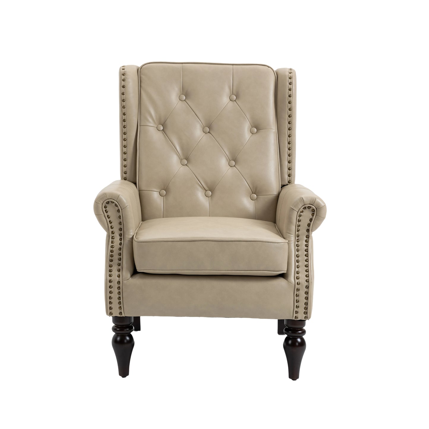 Tufted beige leather wingback chair with antique brass nailhead trim and dark wood legs
