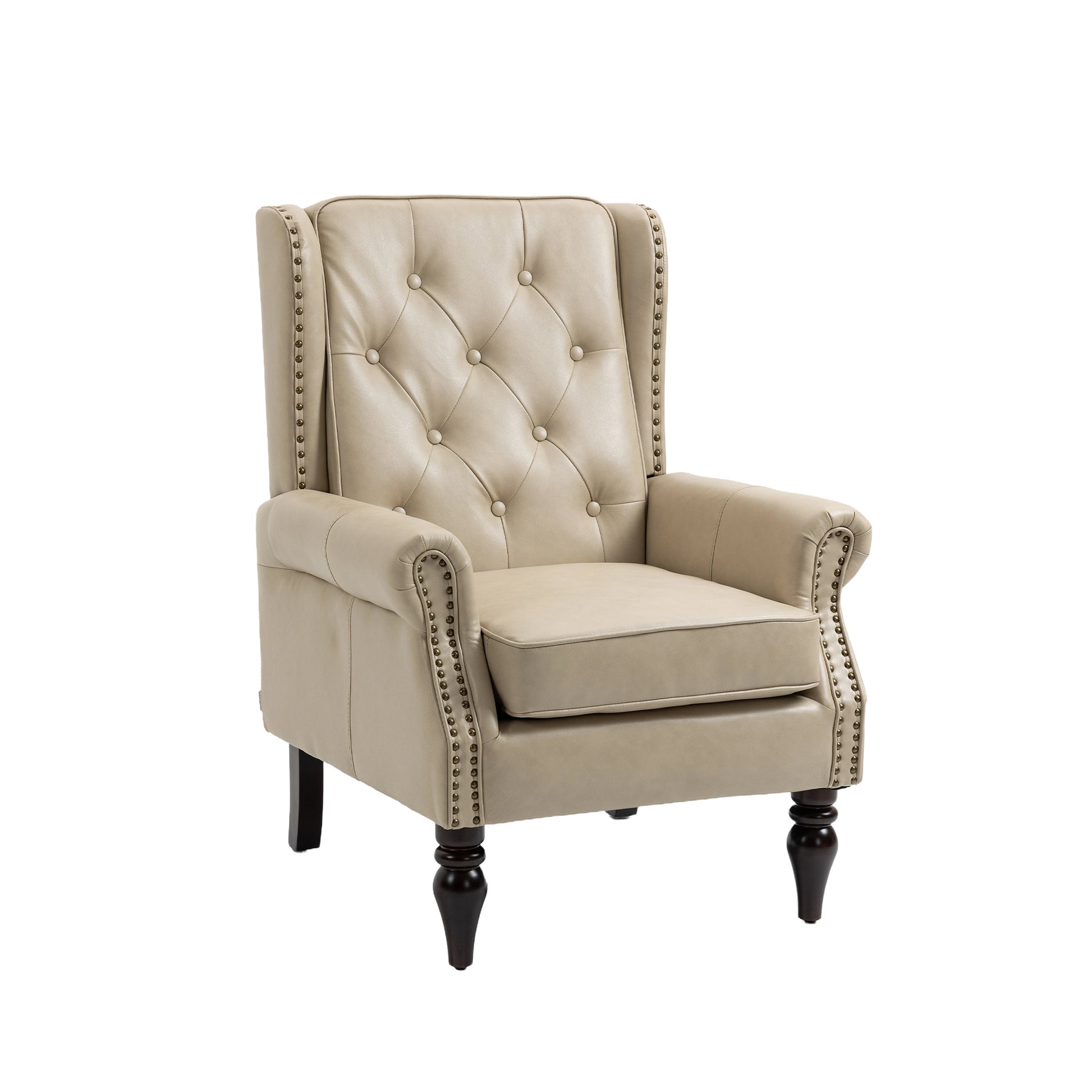 Tufted beige leather armchair with nailhead trim and dark wood legs
