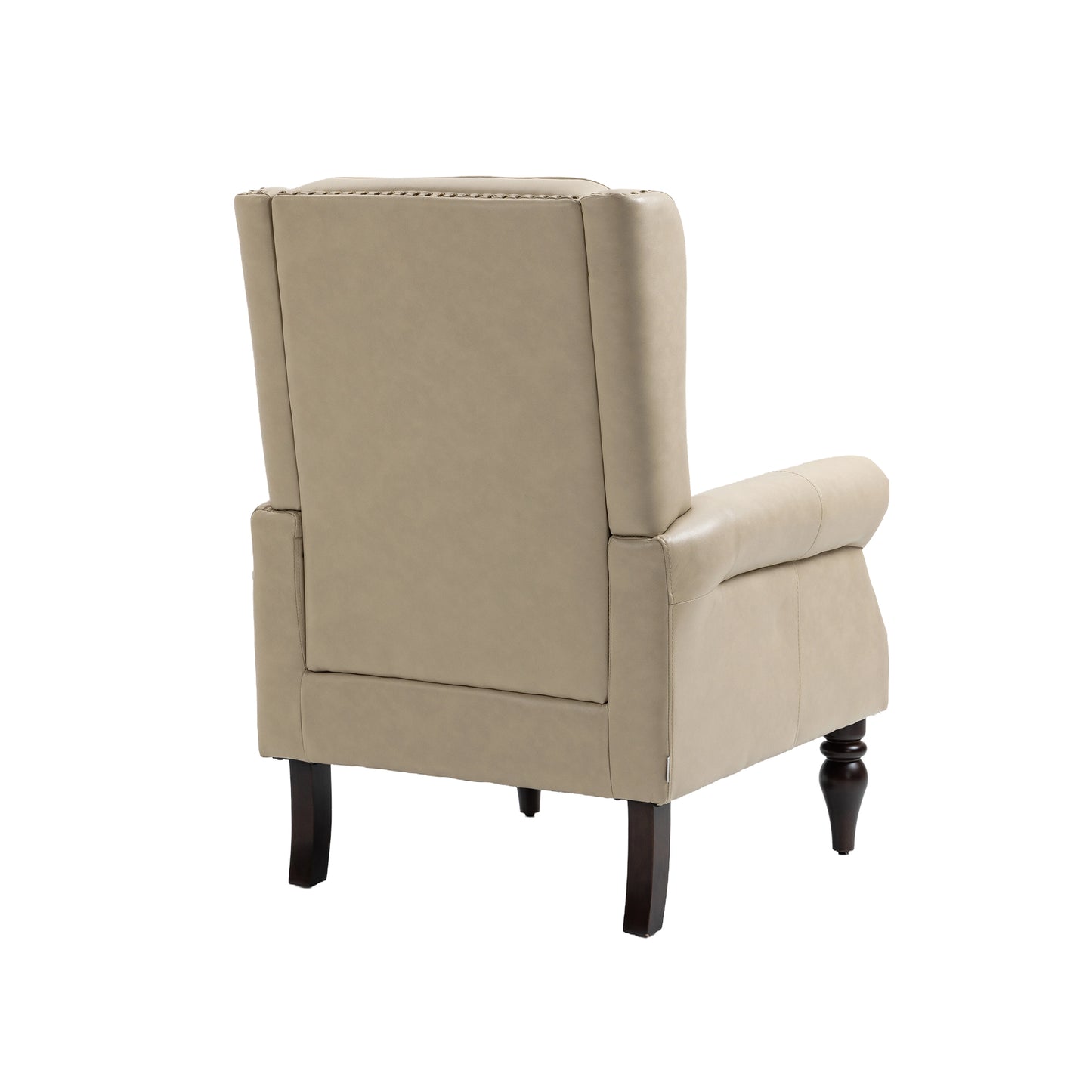 Taupe leather wingback armchair with studded trim and dark wood legs