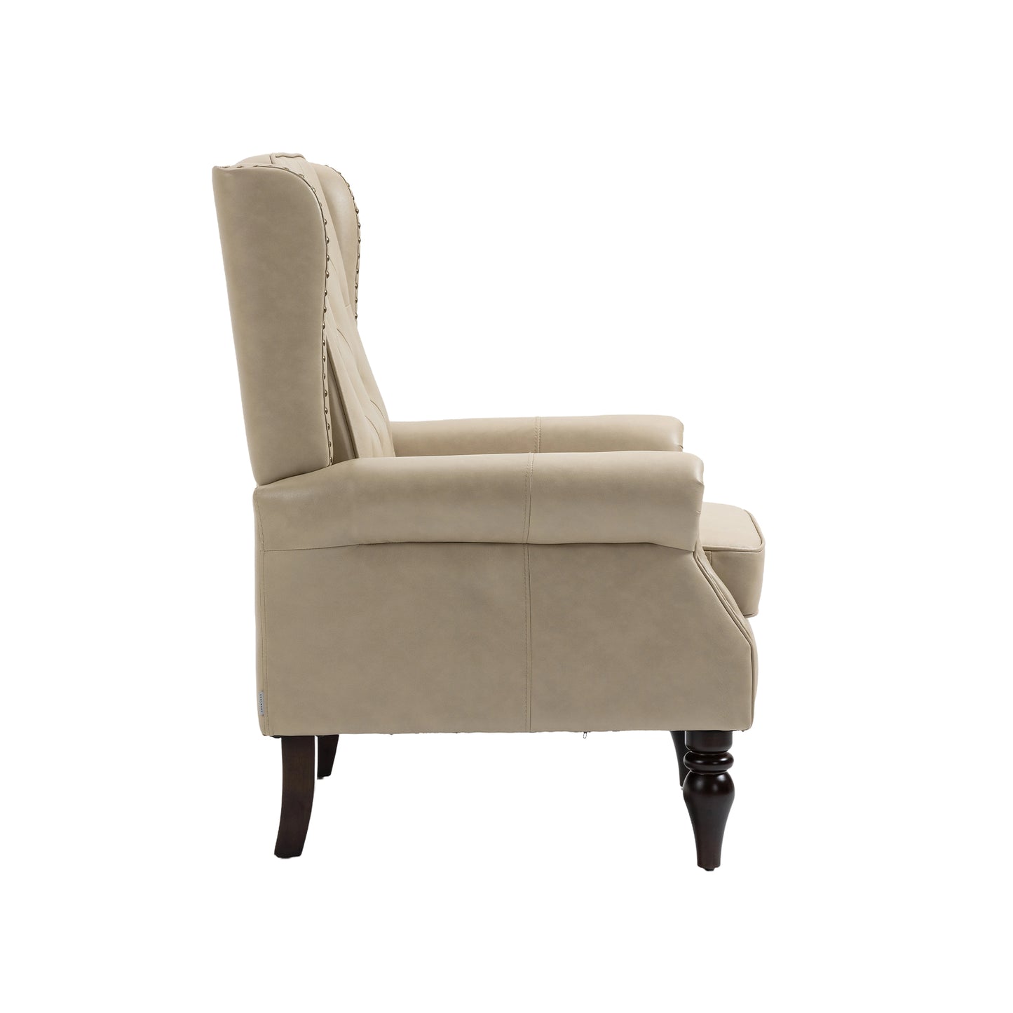 Beige upholstered accent chair with tufted back and dark wooden legs