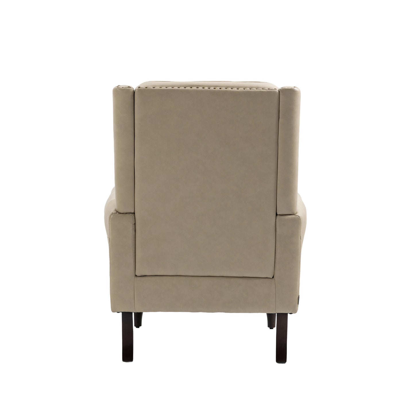 Taupe leather recliner chair with studded detailing on the back  characters