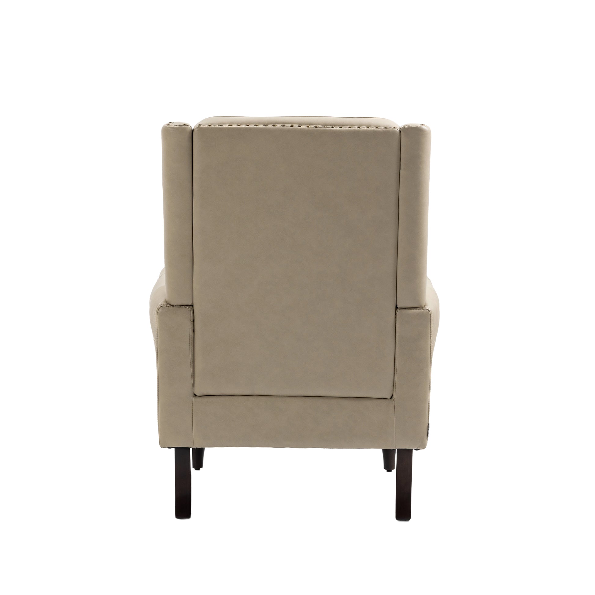 Taupe leather recliner chair with studded detailing on the back  characters