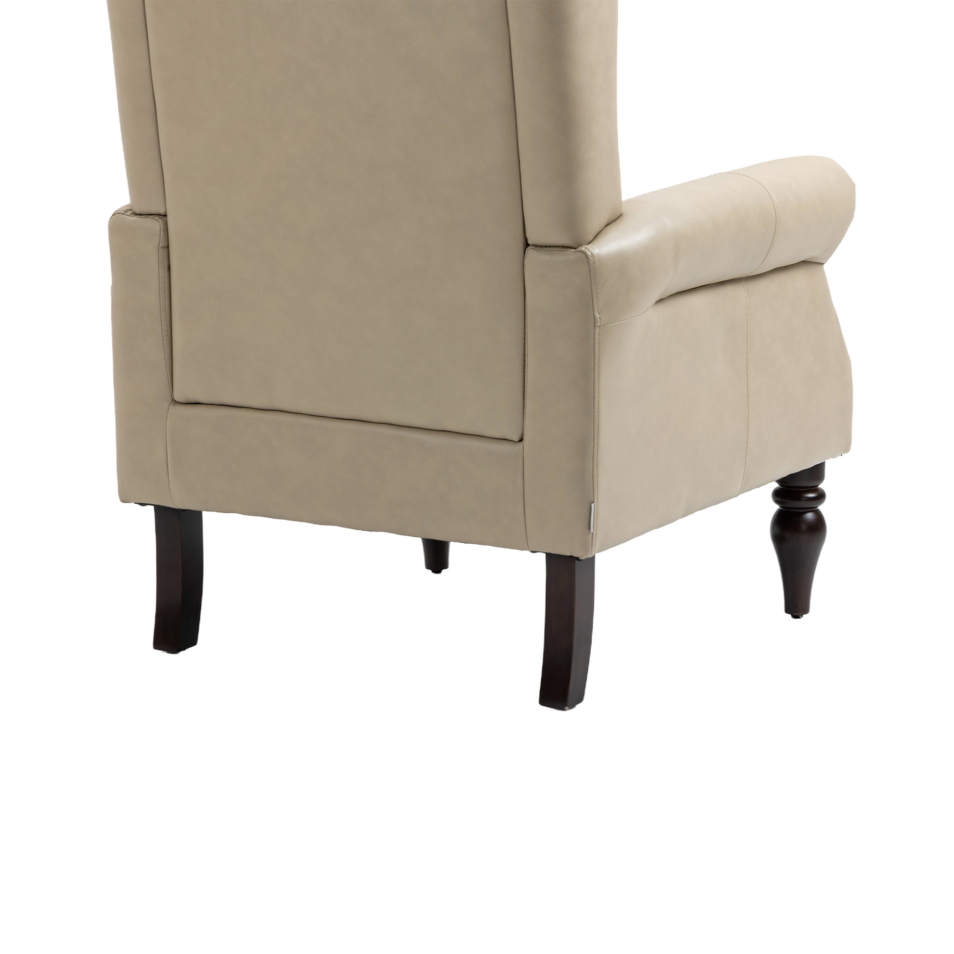 Beige upholstered wingback chair back and arms with dark wood legs
