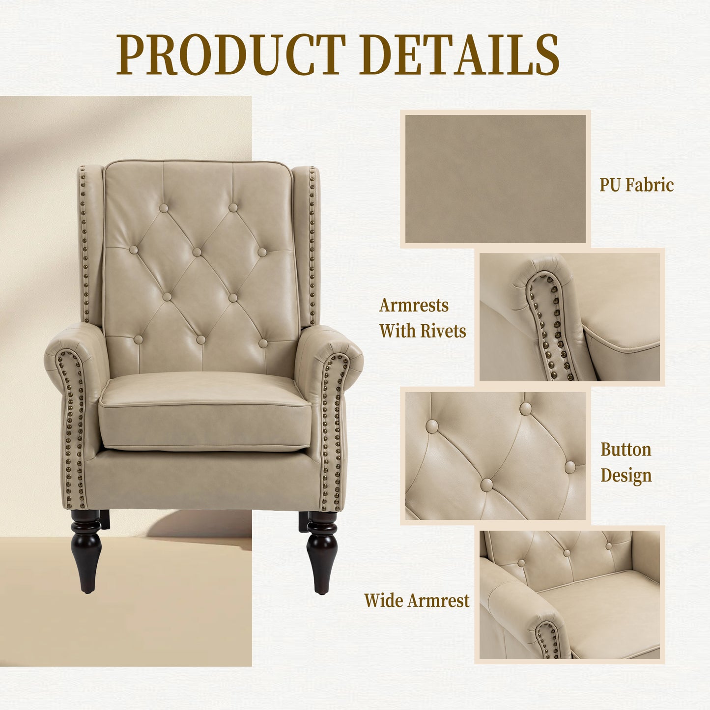 Tufted back beige wingback armchair with dark wooden legs and brass nailhead trim
