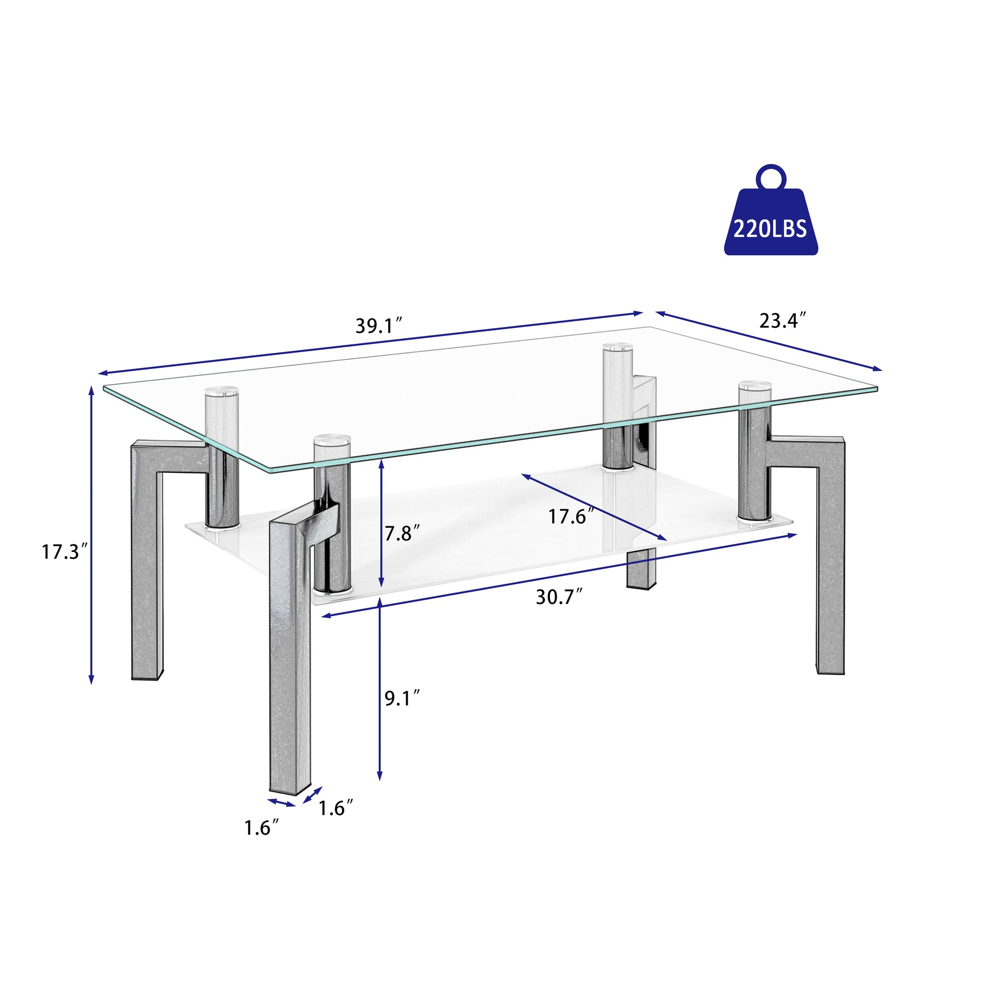 Clear glass coffee table with chrome legs and twotier shelf  L
