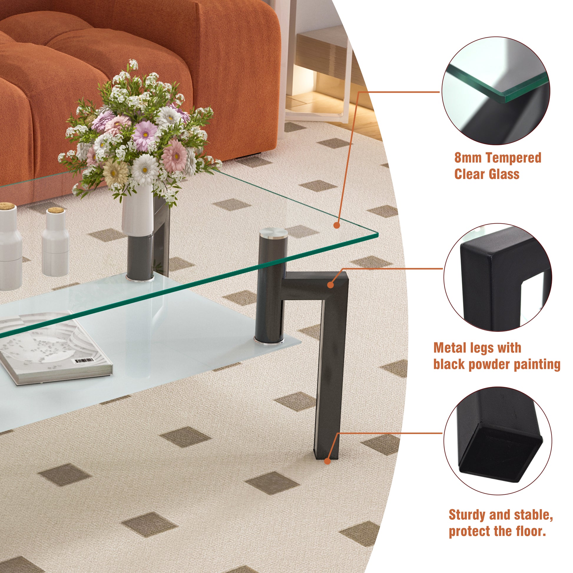 mm tempered clear glass tabletop for modern coffee table with durable metal legs