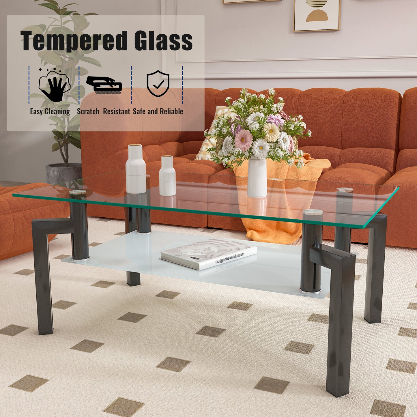 Modern tempered glass coffee table with dark metal frame and two shelves