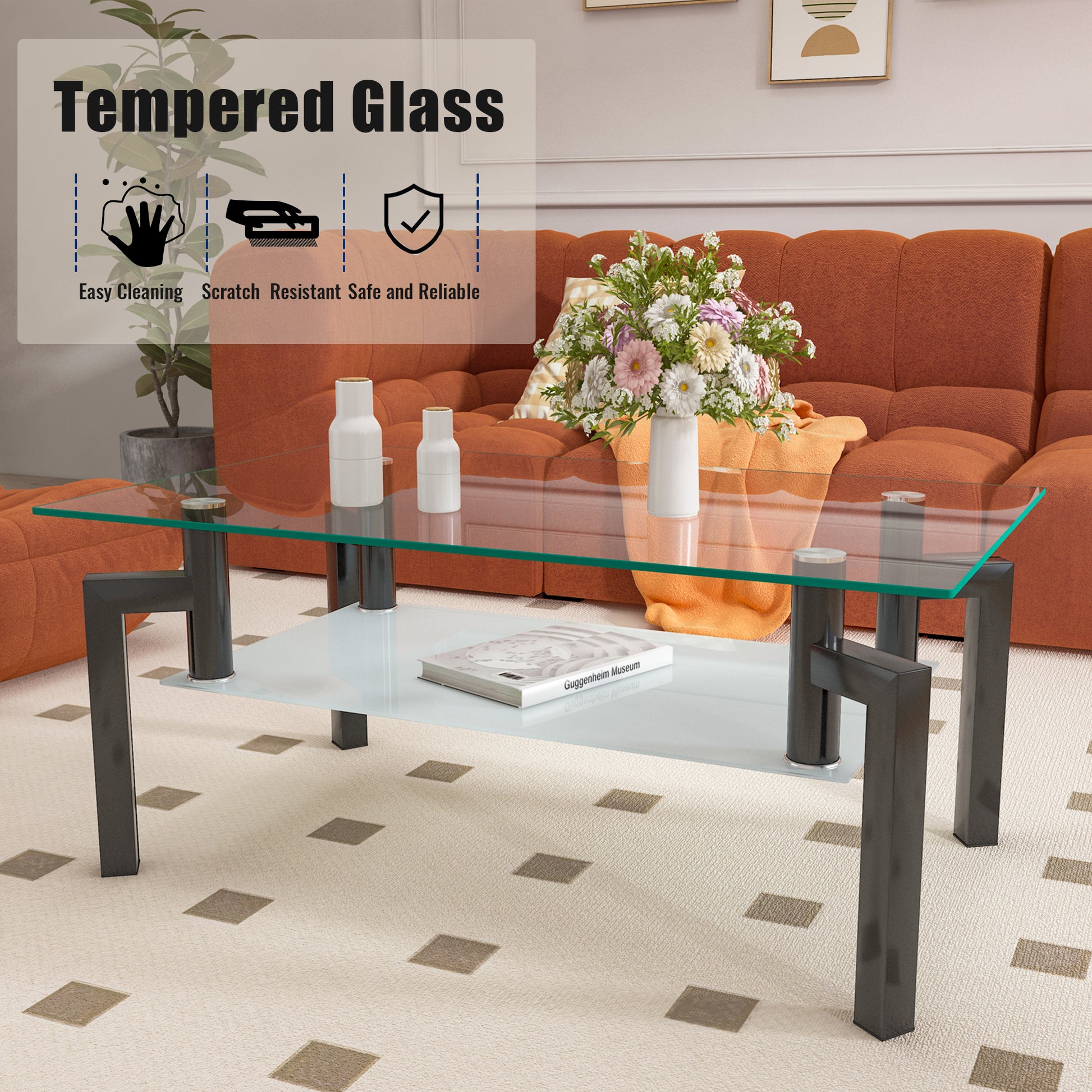 Modern tempered glass coffee table with dark metal frame and two shelves