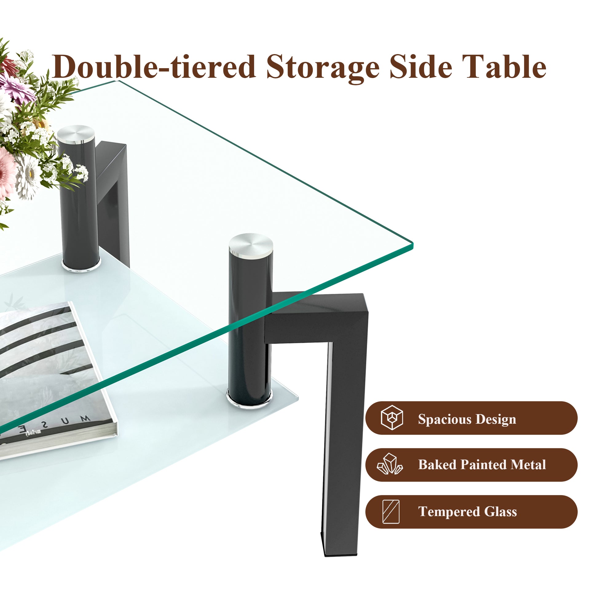 Doubletiered storage side table with clear tempered glass tops and black metal legs