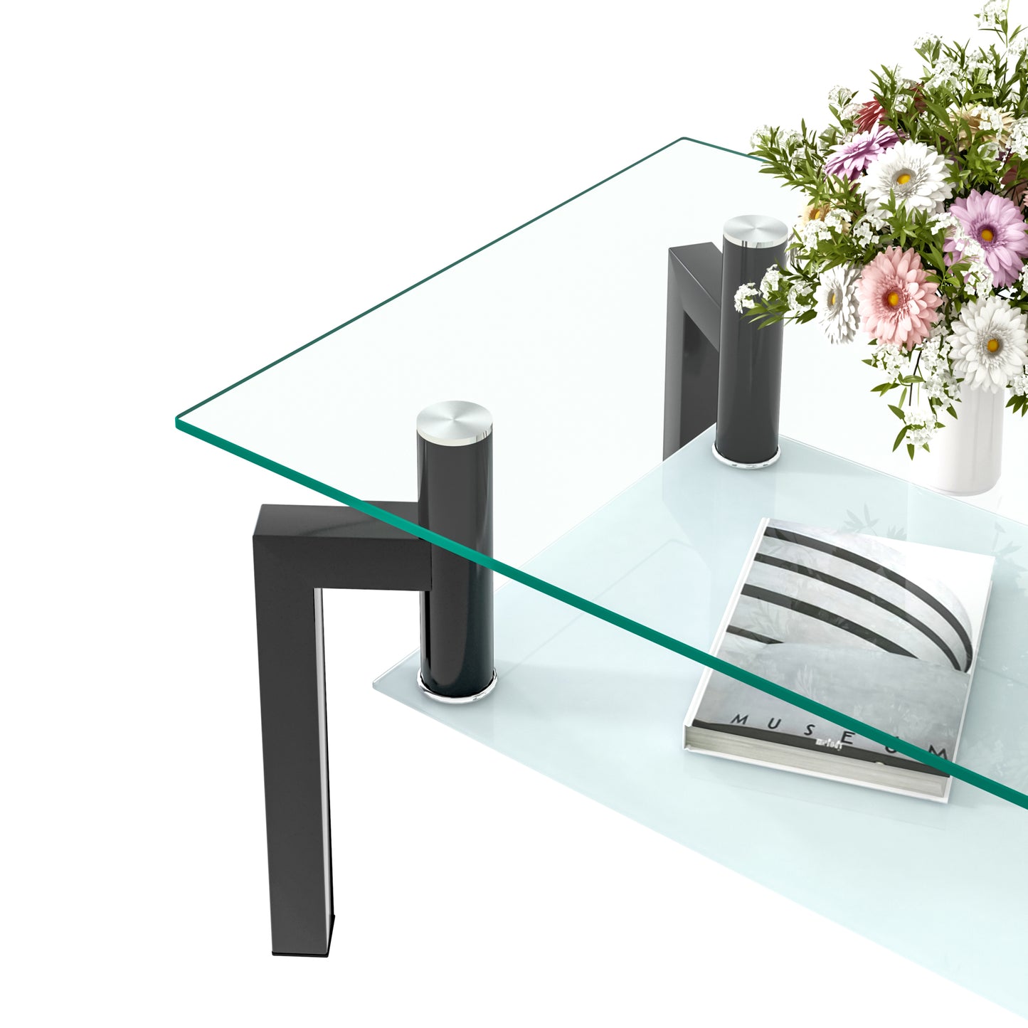 Modern glass coffee table with sleek black legs and a colorful bouquet