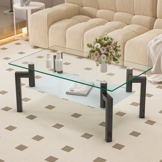 Modern glass coffee table with sleek black metal legs