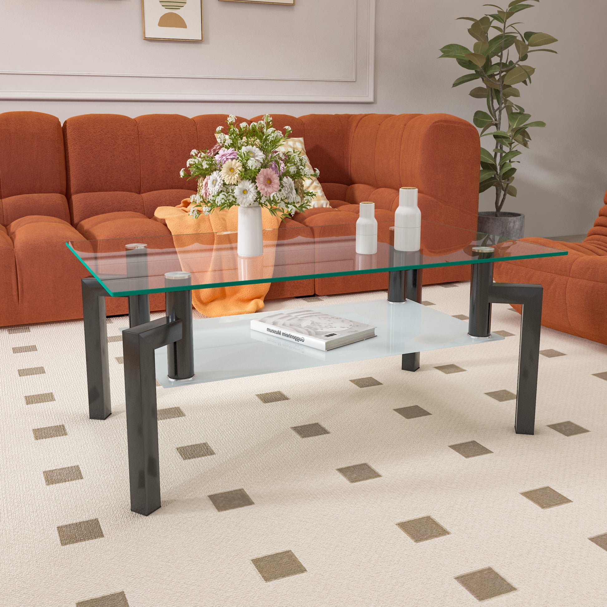 Modern glass coffee table with dark metal legs and a spacious surface for living room decor