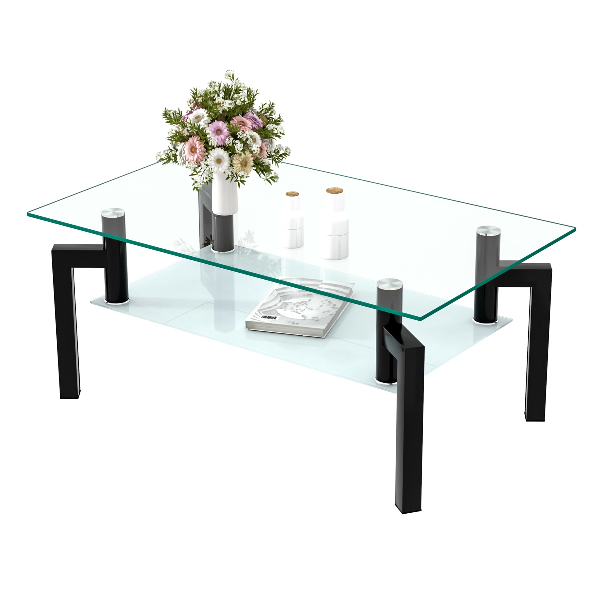 Modern black metal and glass coffee table with lower shelf and floral arrangement