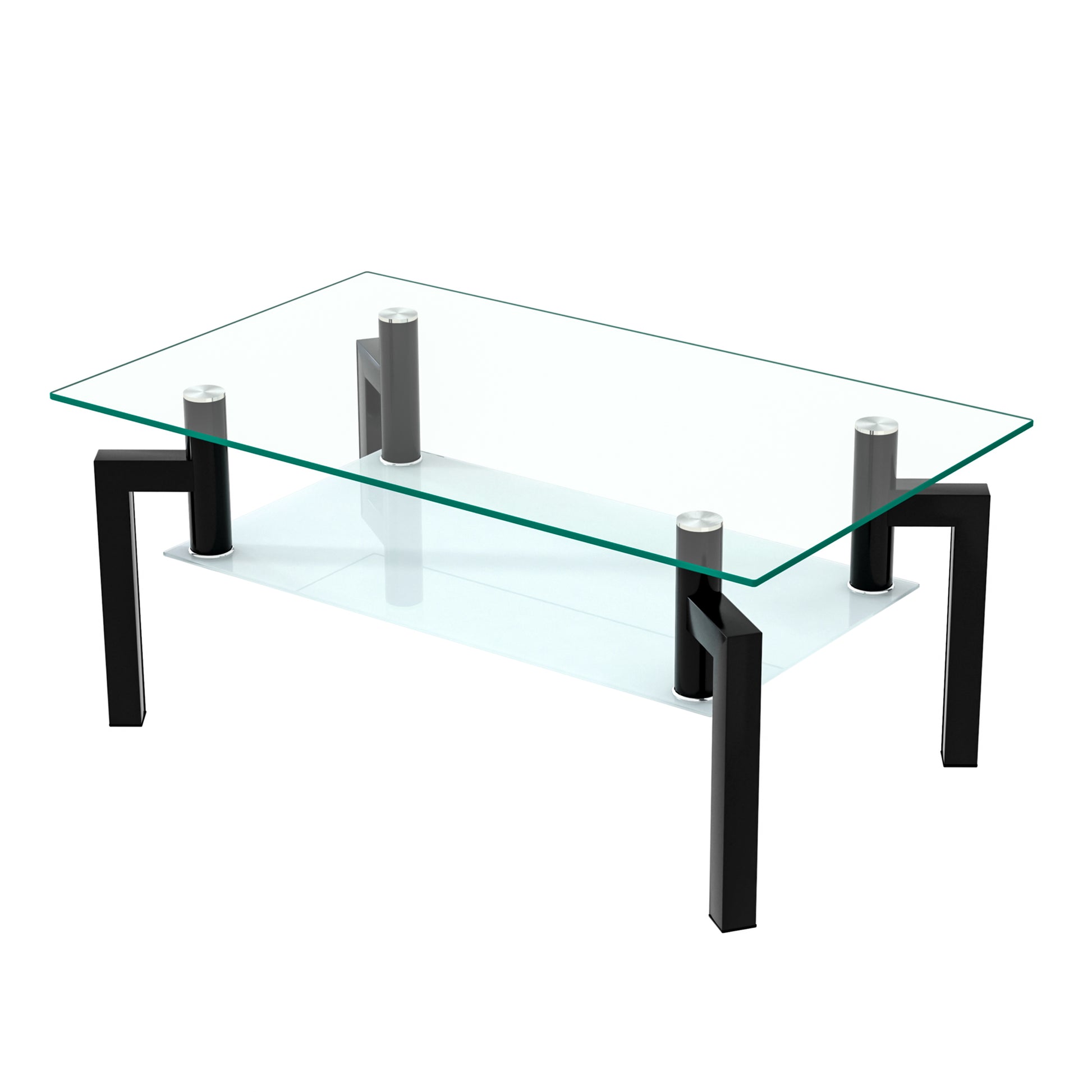 Modern glass coffee table with black metal frame and dual tiers