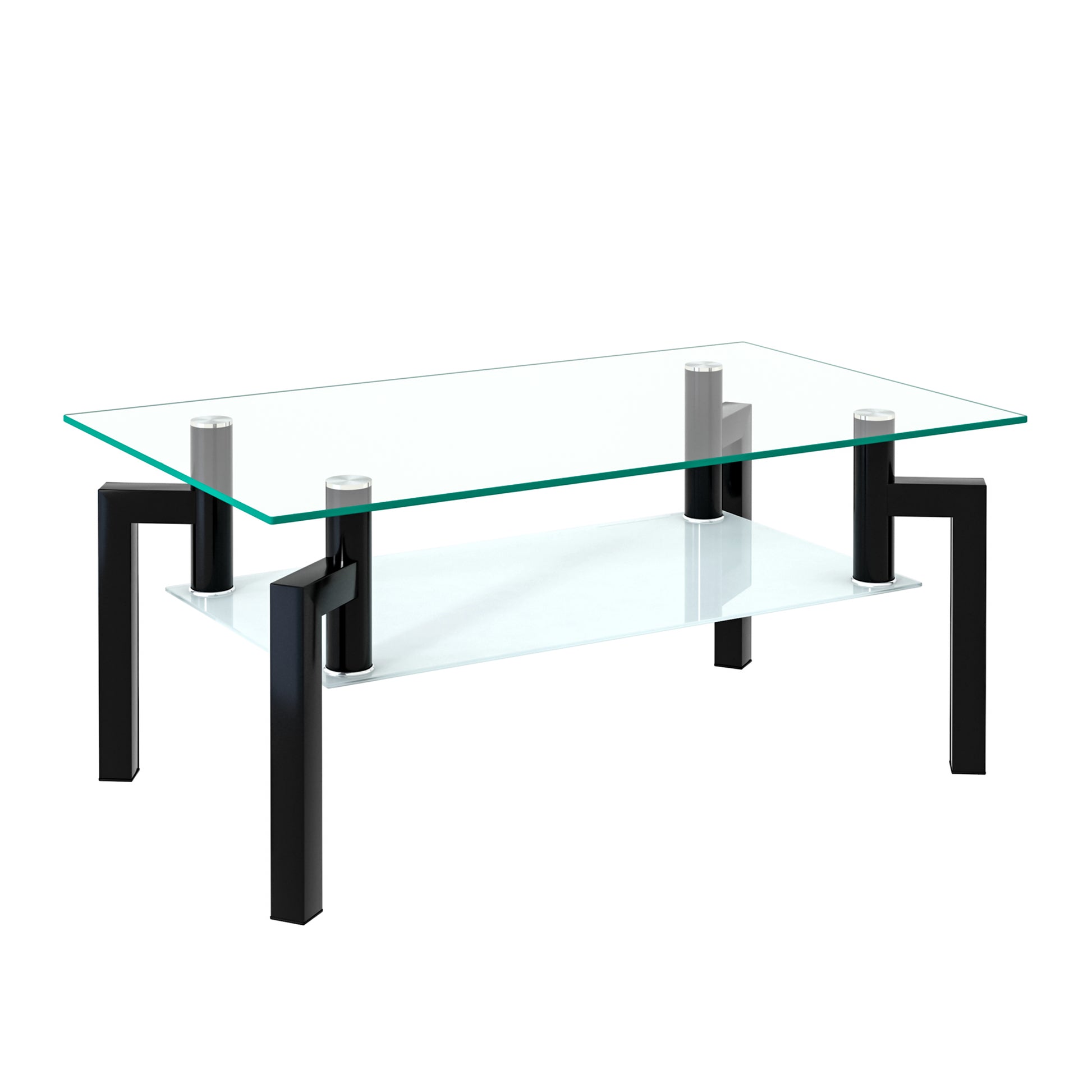 Modern black metal frame glass coffee table with lower shelf