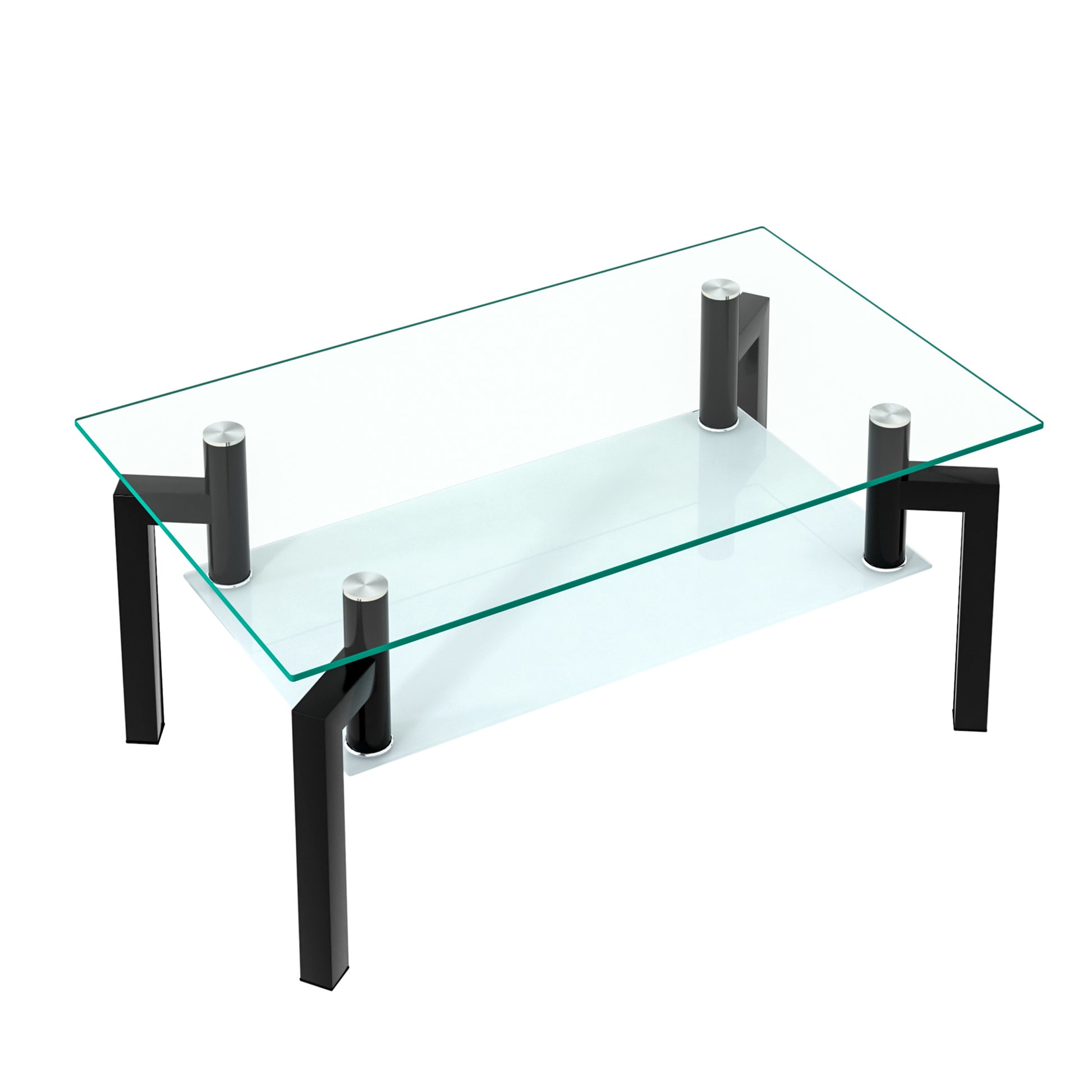 Modern glass coffee table with black metal legs and a lower shelf perfect for living rooms