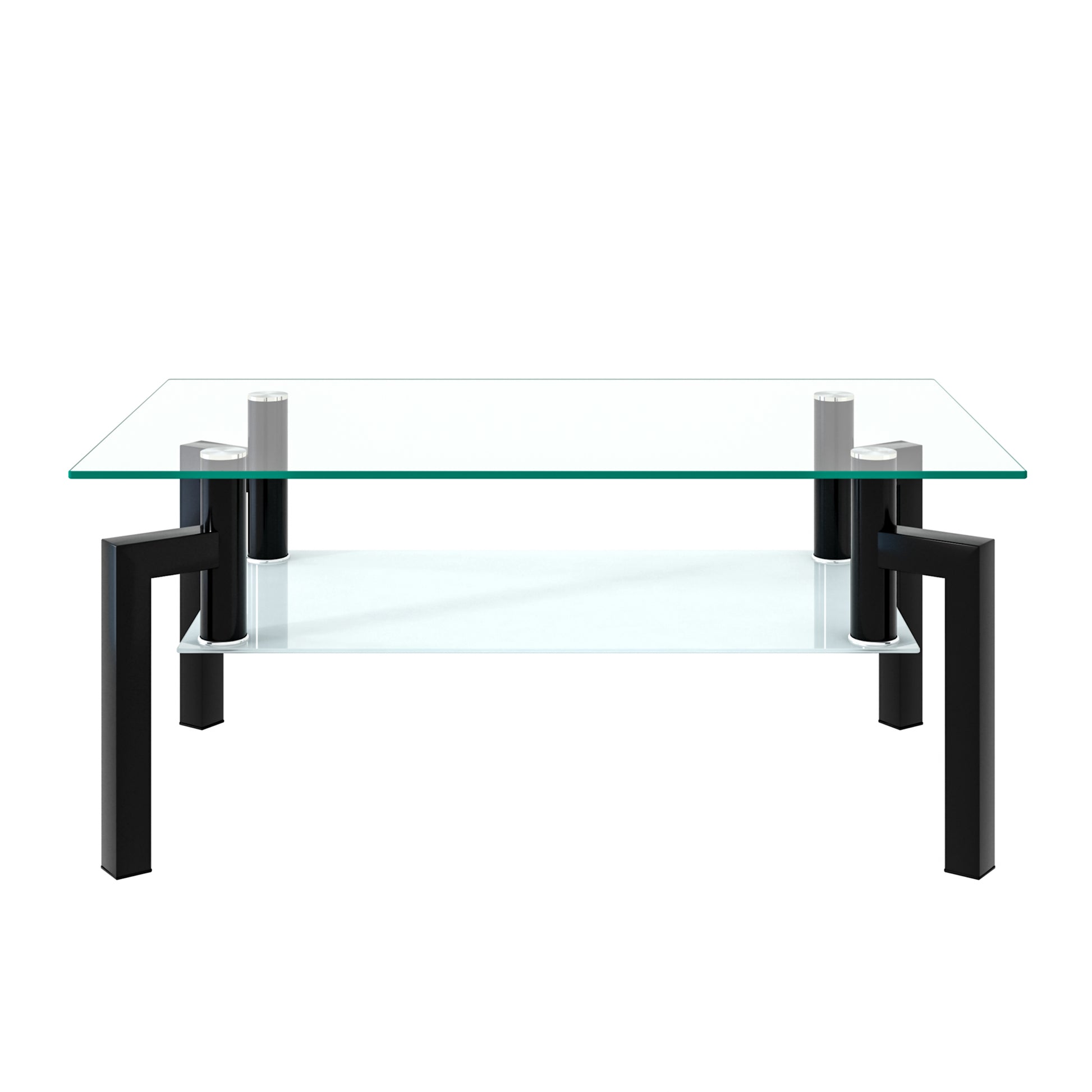 Modern glass coffee table with black metal frame and lower shelf