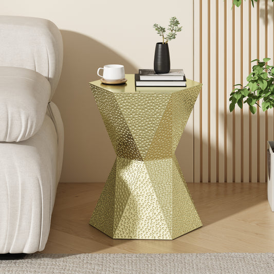 Geometric hammered gold accent table with a textured metallic finish perfect for modern living rooms