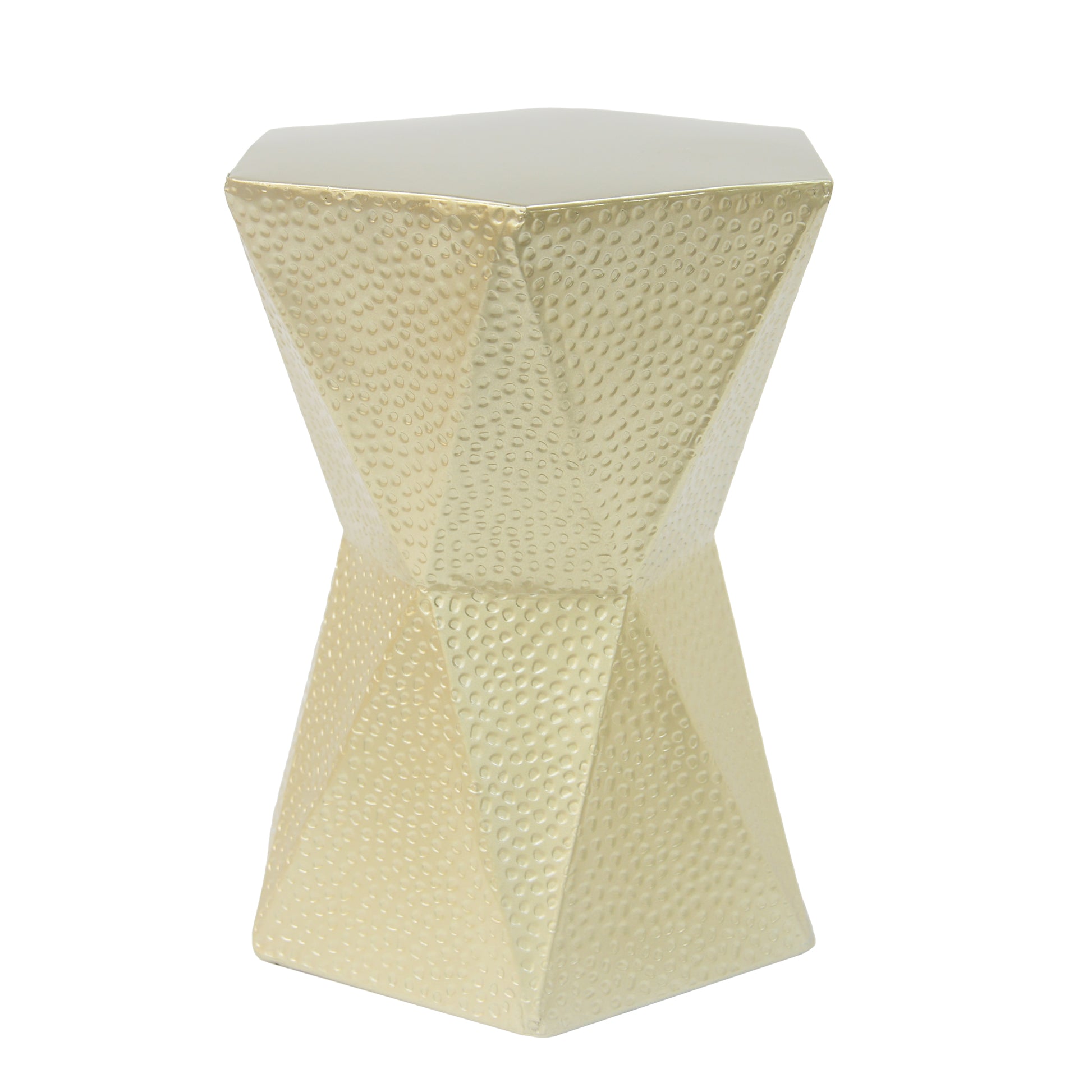 Polished gold geometric accent table with textured honeycomb pattern surface