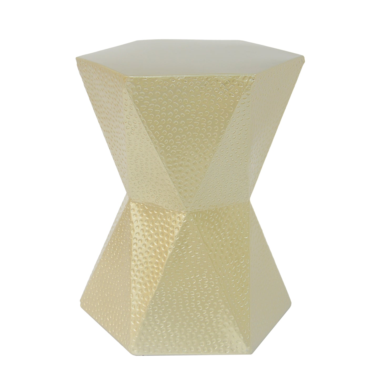 Hourglass shaped accent stool in pale gold with hammered dimple texture