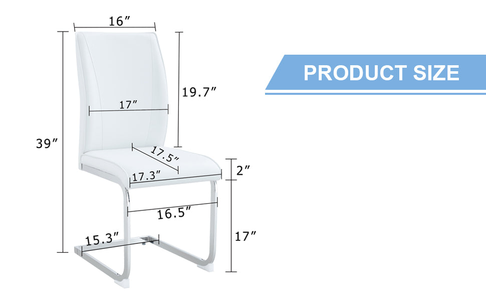 White faux leather dining chair with chrome base dimensions shown