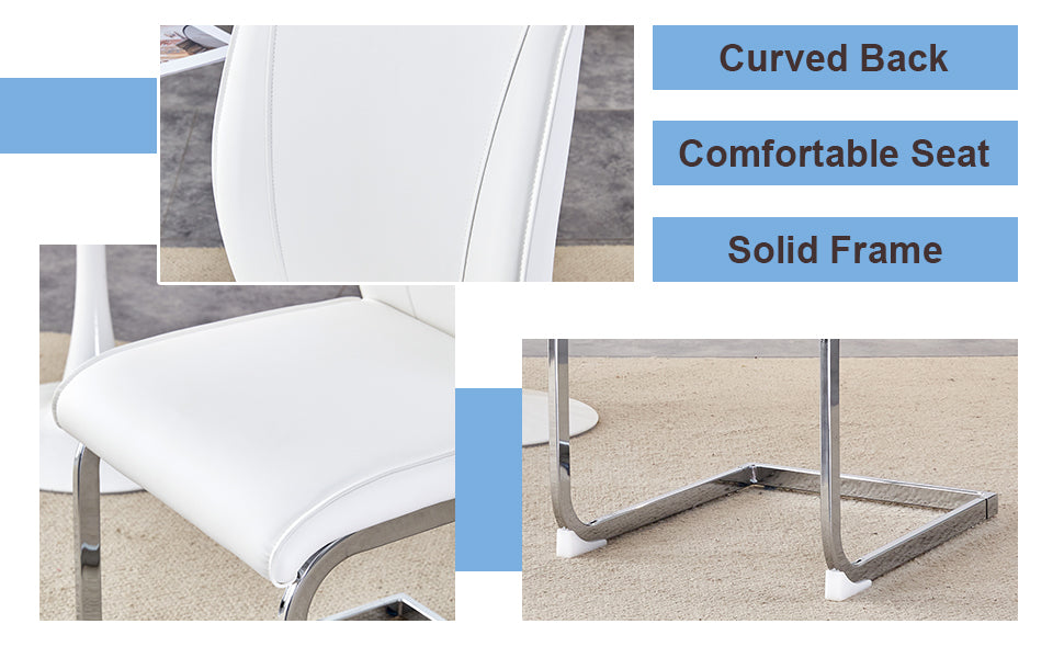 White leather dining chair with curved back and solid chrome frame