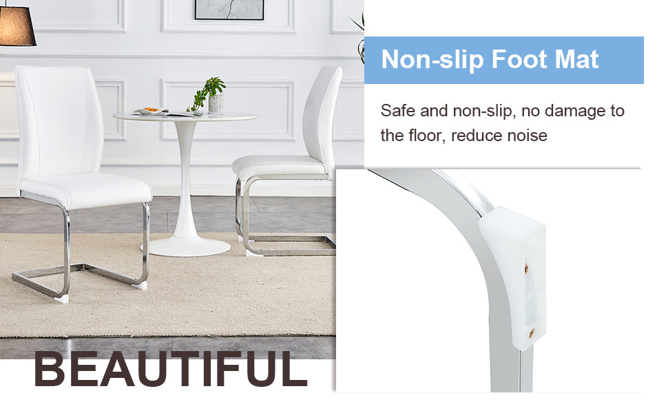 White leather dining chair with chrome legs on a rug