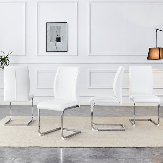 Four white faux leather dining chairs with chrome sled legs and curved backs