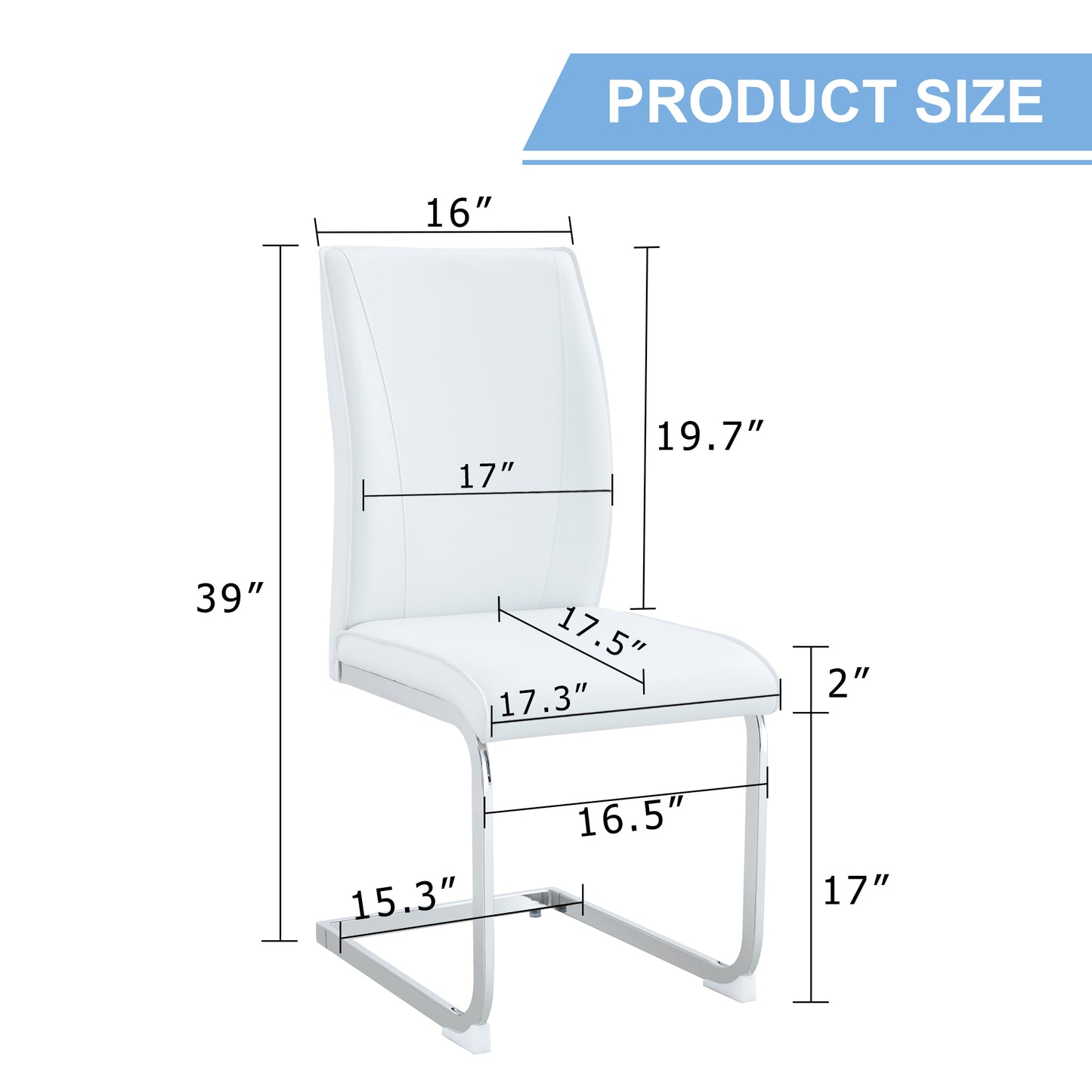 White faux leather dining chair  inches wide with chrome sled legs