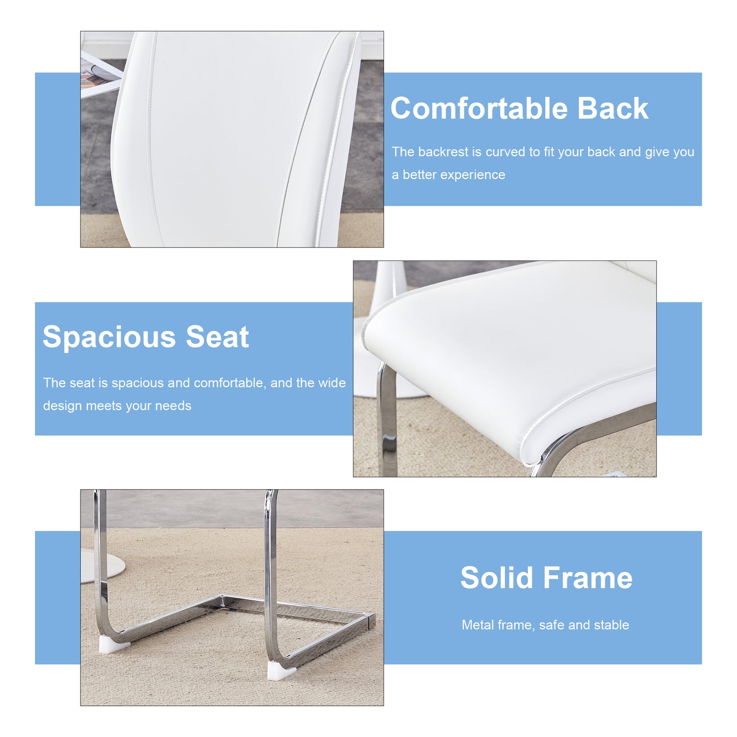 Closeup of a white leather dining chairs curved backrest for comfort