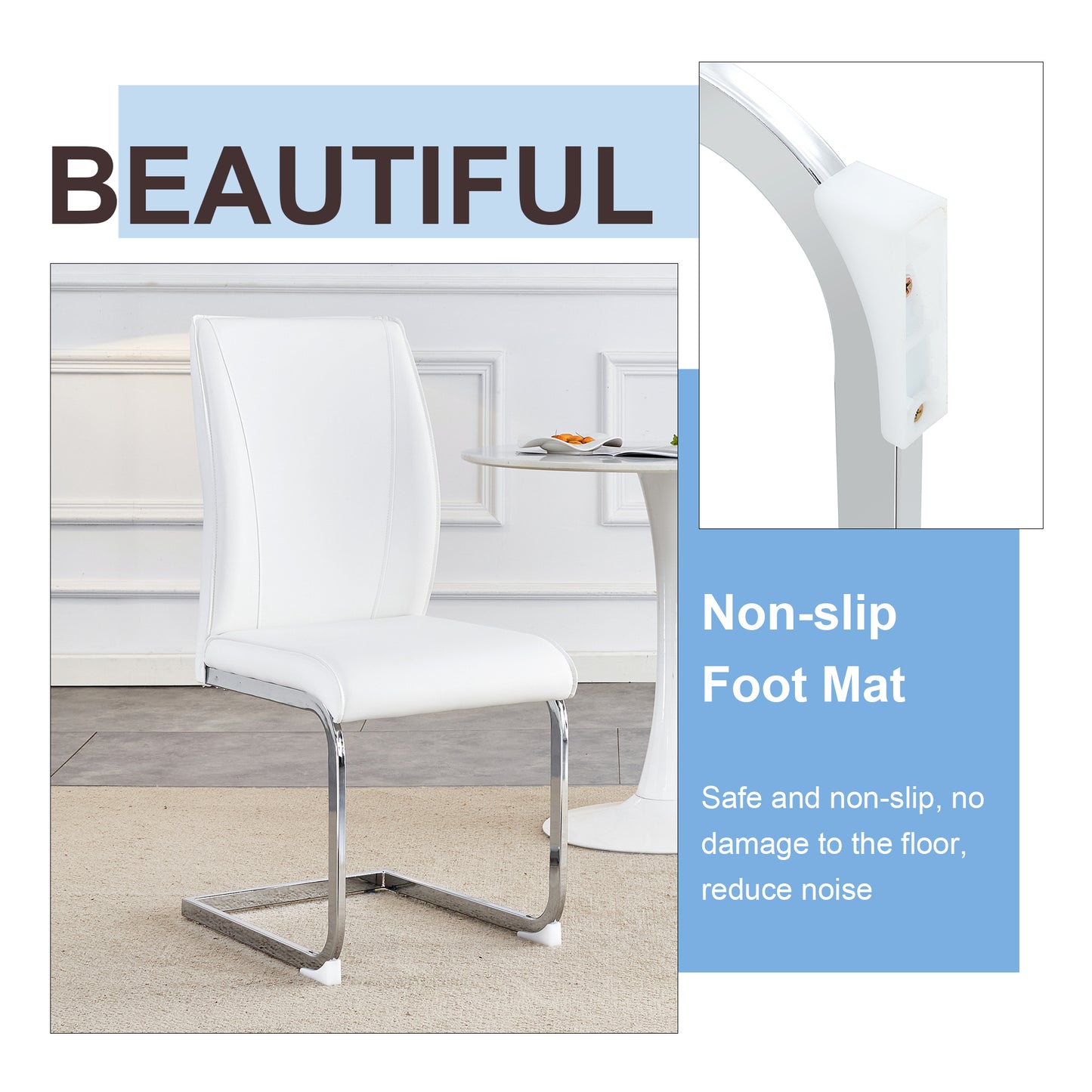 White faux leather dining chair with chrome cantilever base and nonslip foot mat