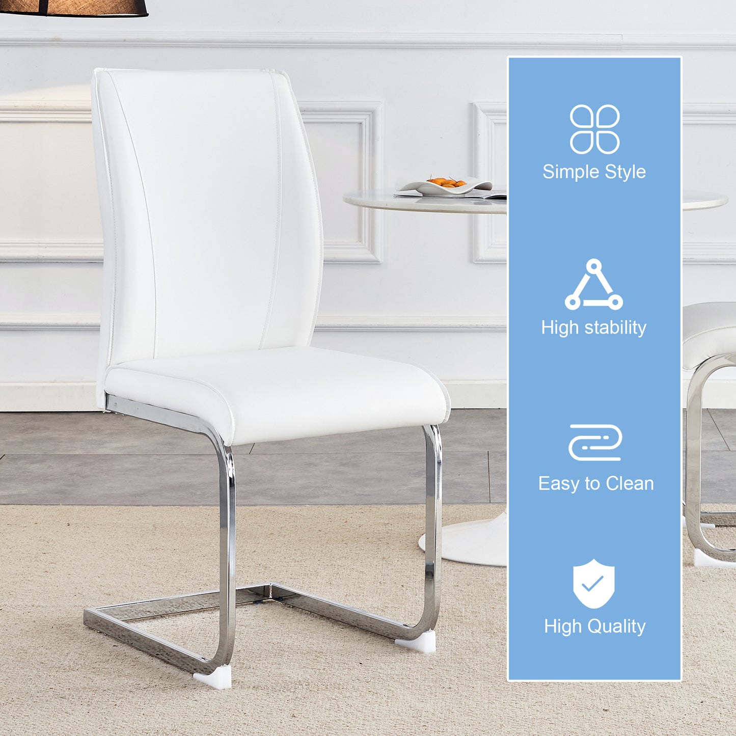 White leather dining chair with sleek chrome sled base