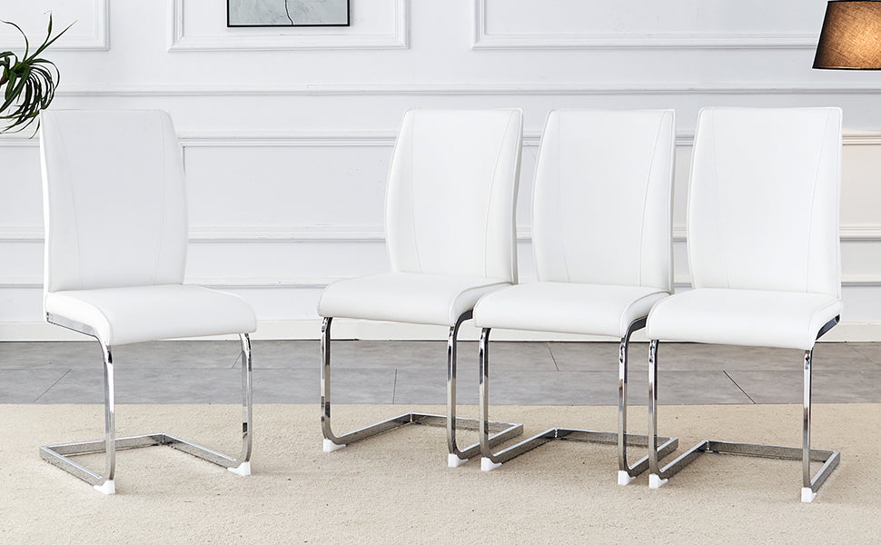 Four white faux leather dining chairs with chrome cantilever bases