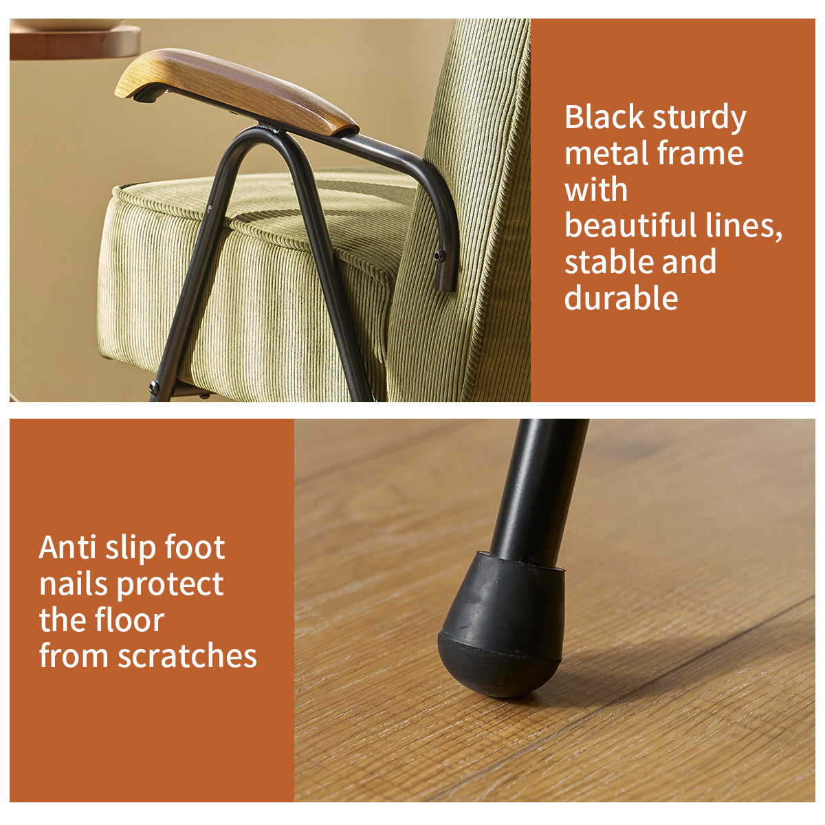 Closeup of green corduroy armchair armrest with black metal frame and wood accent
