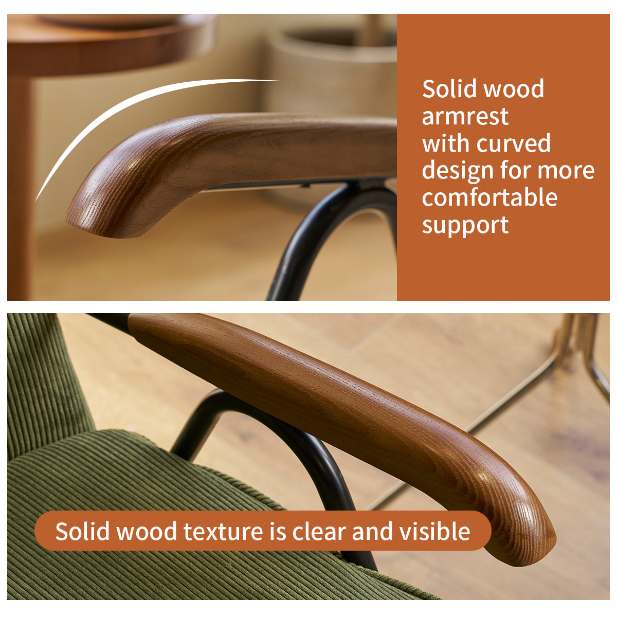 Curved solid wood armrest on a dark metal frame offering comfortable support