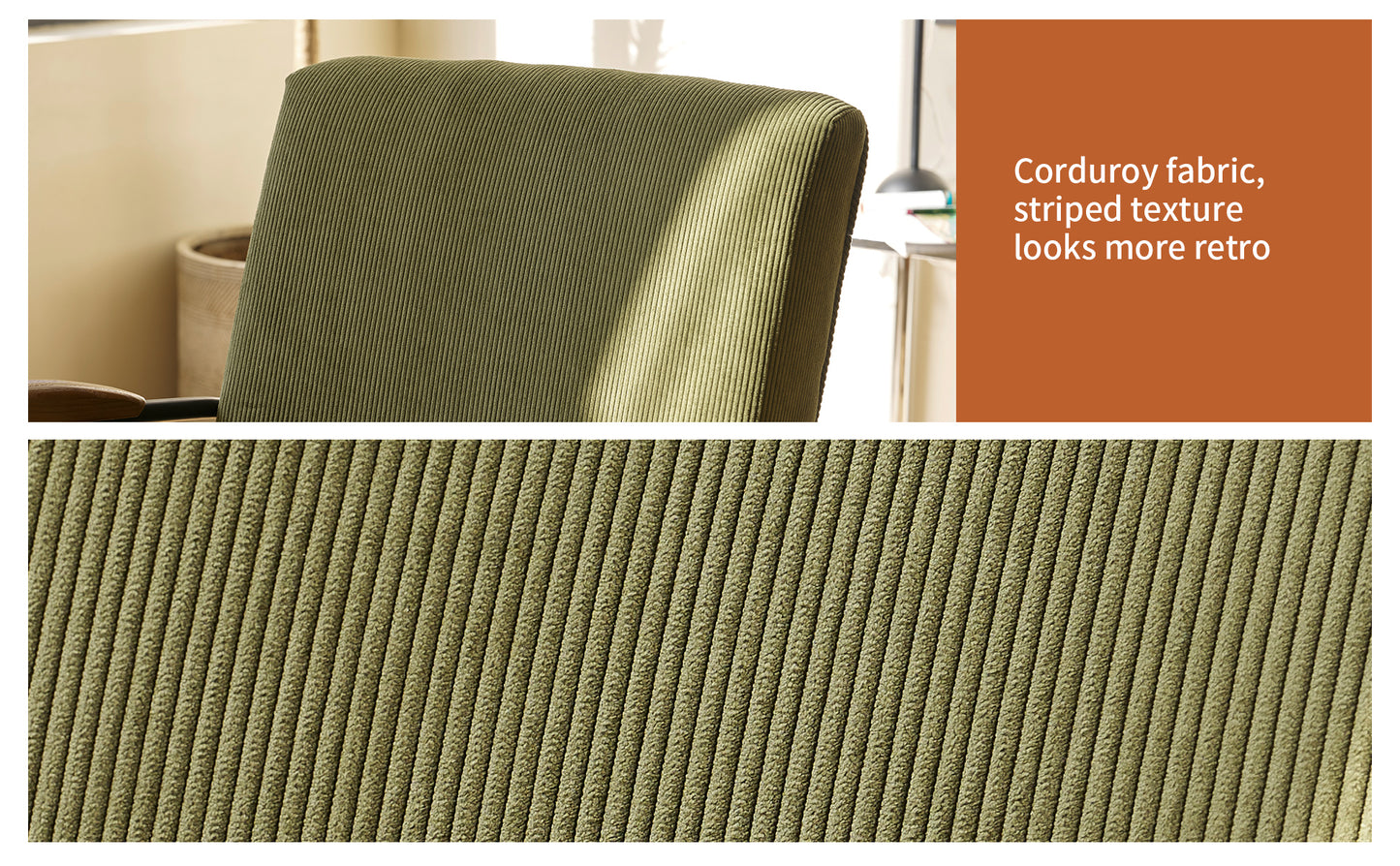 Olive green corduroy fabric chair with a textured striped pattern perfect for retro decor