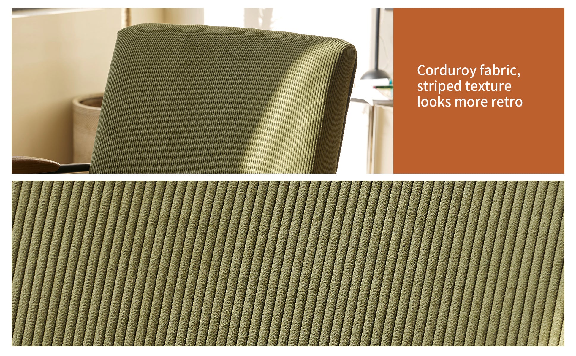 Olive green corduroy fabric chair with a textured striped pattern perfect for retro decor