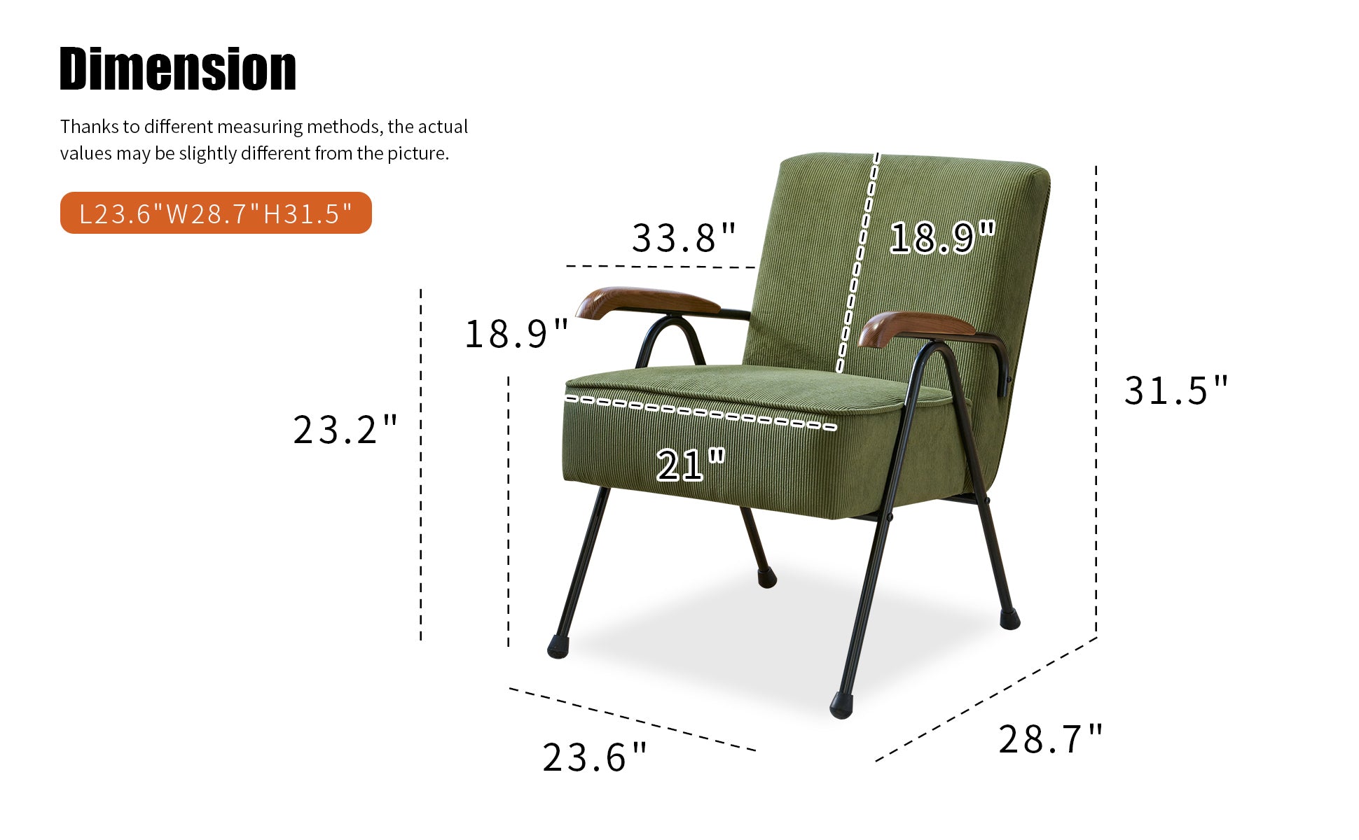 Green corduroy accent chair with midcentury modern design and wooden armrests LWH