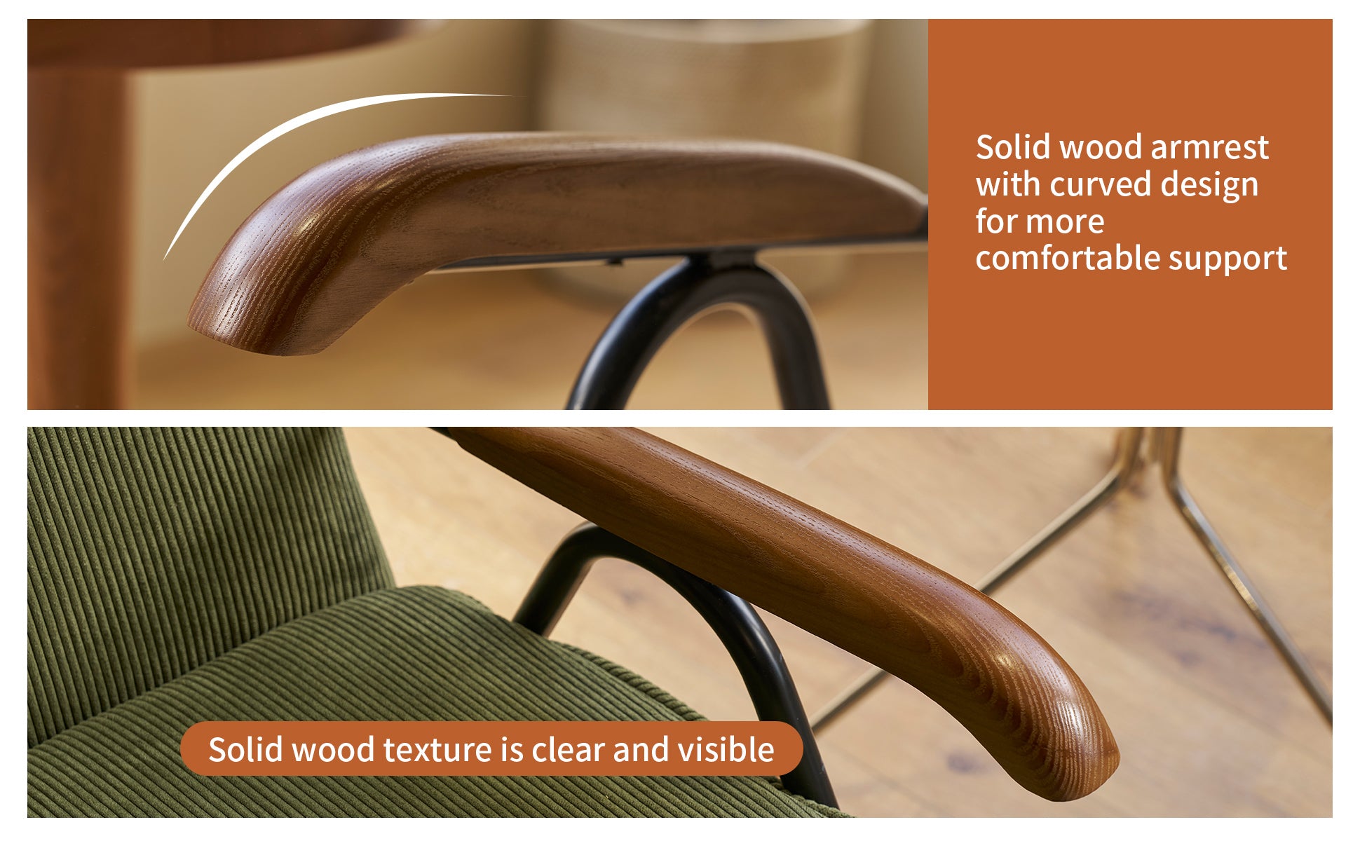 Curved solid wood armchair armrest showing natural grain detail and smooth finish