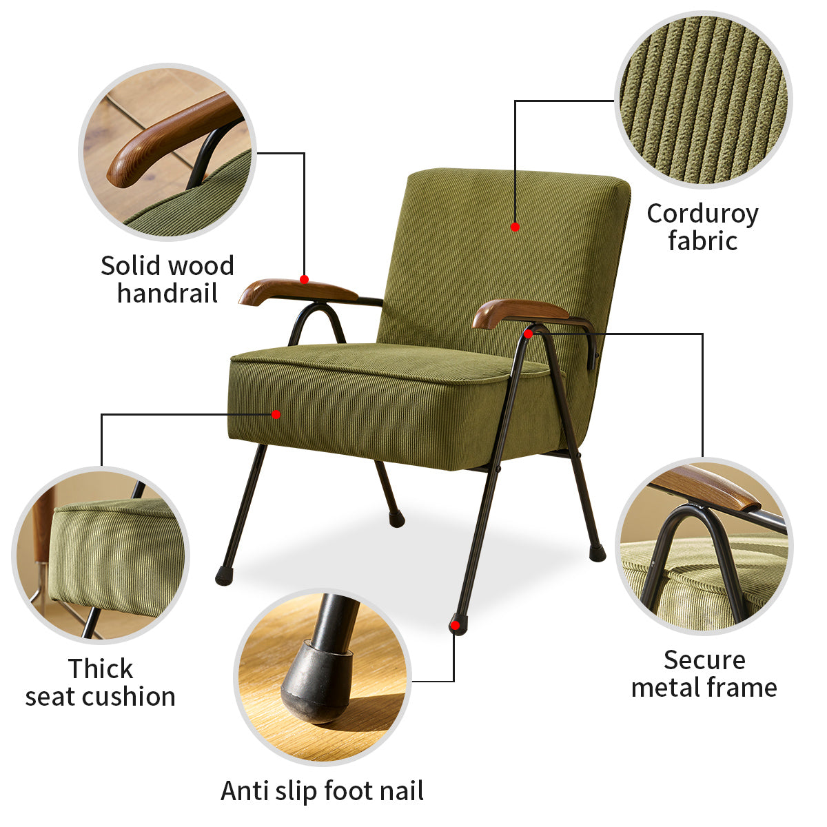 Green corduroy accent chair with solid wood arms and black metal legs