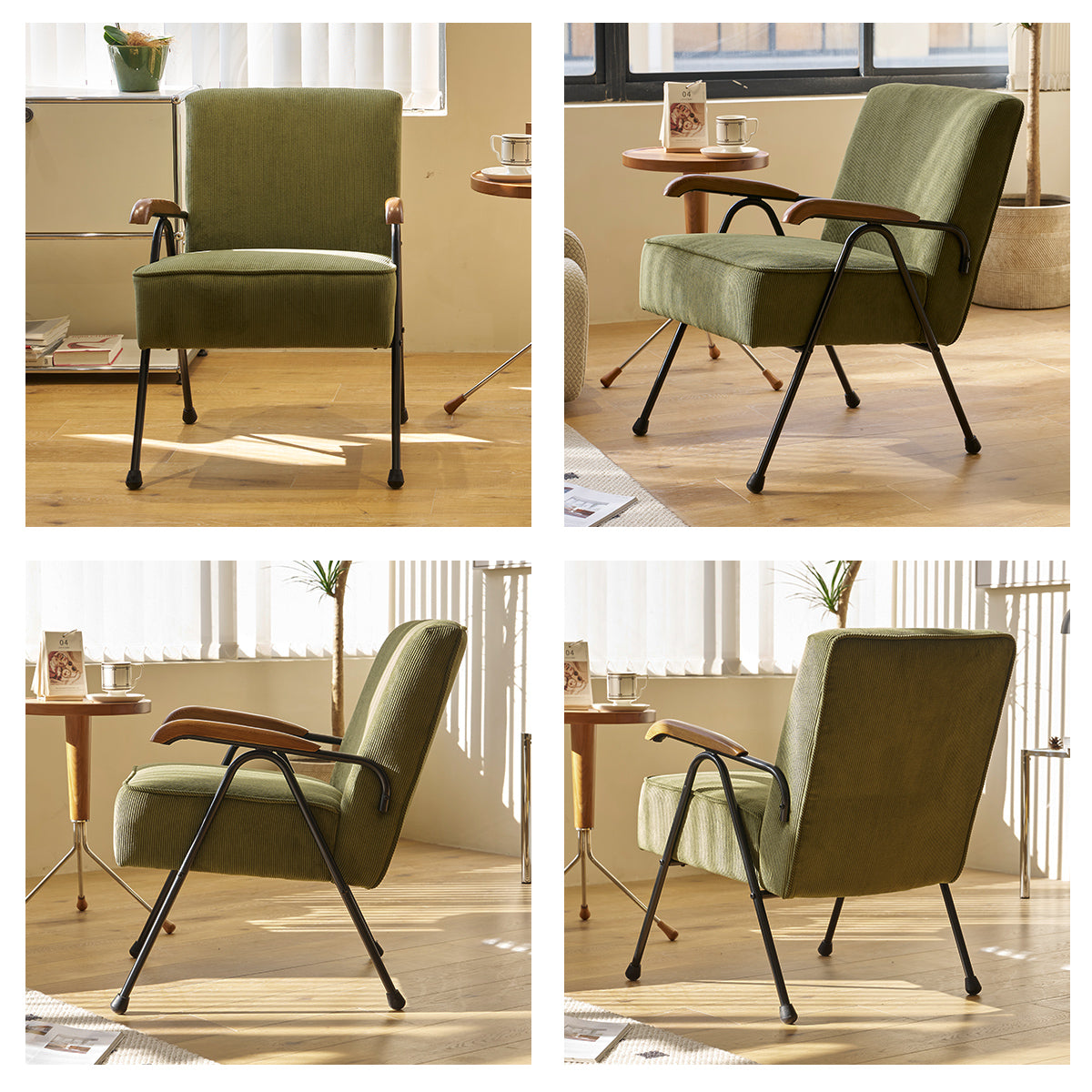 Green corduroy accent chair with wooden armrests and black metal legs