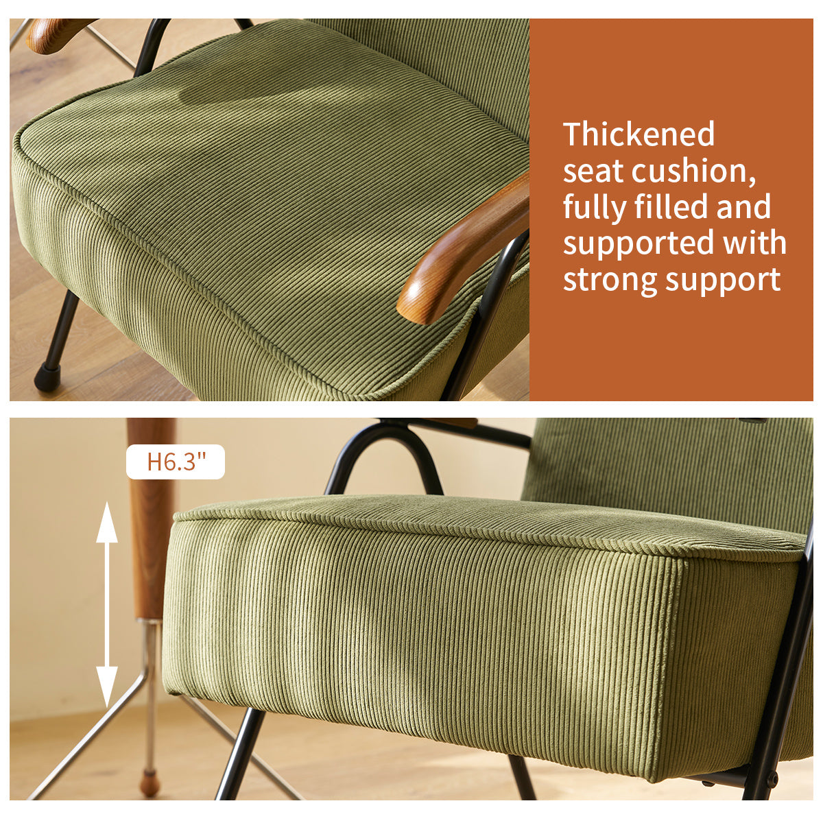 Closeup of a plush sage green corduroy chair cushion with wooden armrests