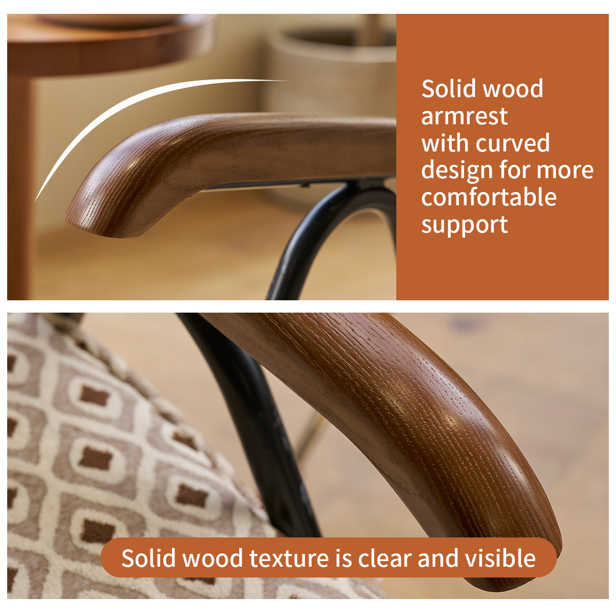 Curved solid wood armrest with visible grain on a black frame chair