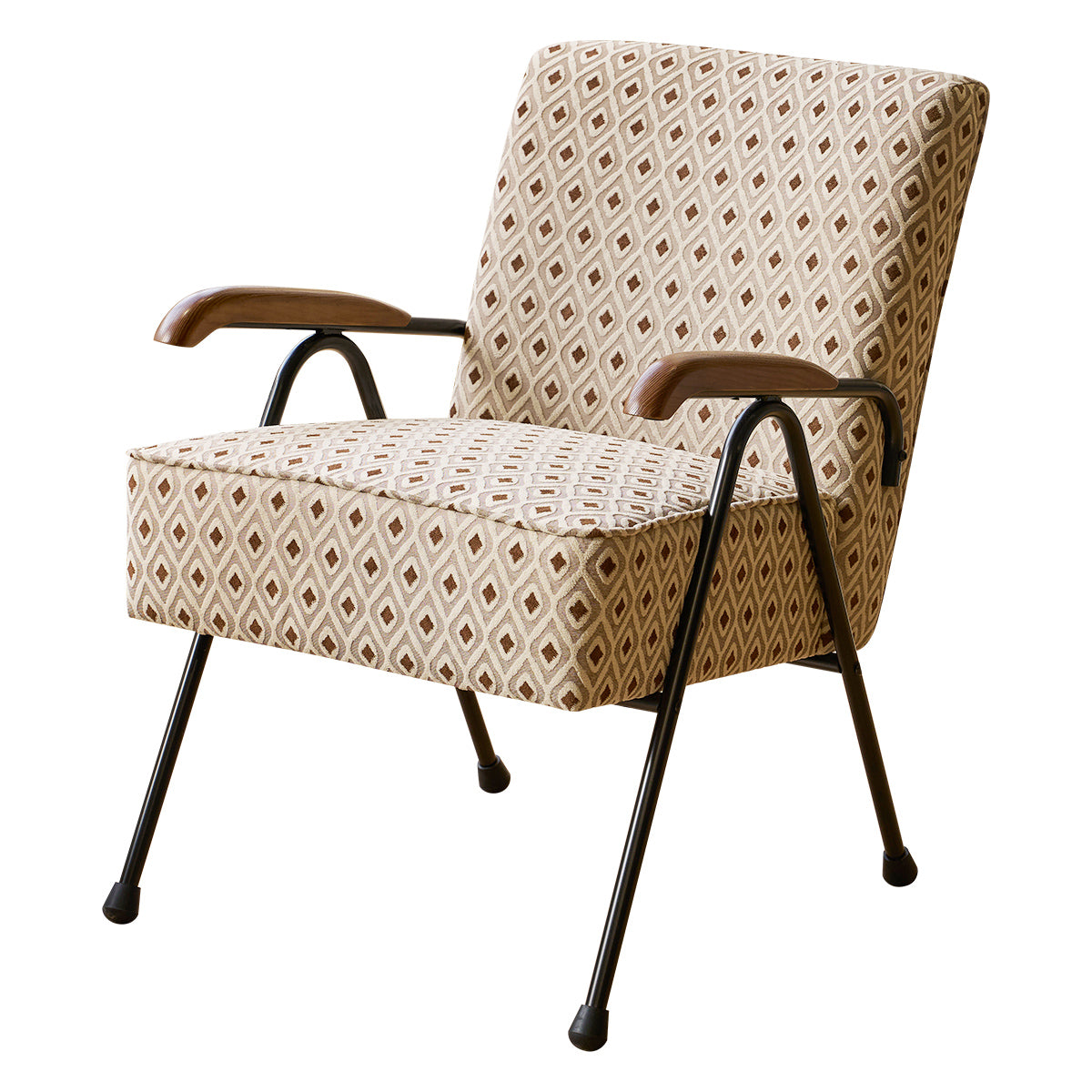 Midcentury modern armchair with diamond pattern fabric upholstery and wood arms