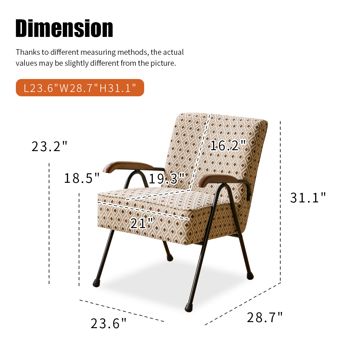 Retro armchair with diamond pattern upholstery and dark metal legs