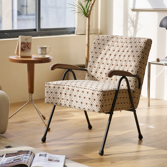 Retro armchair with diamond pattern fabric and wooden arms