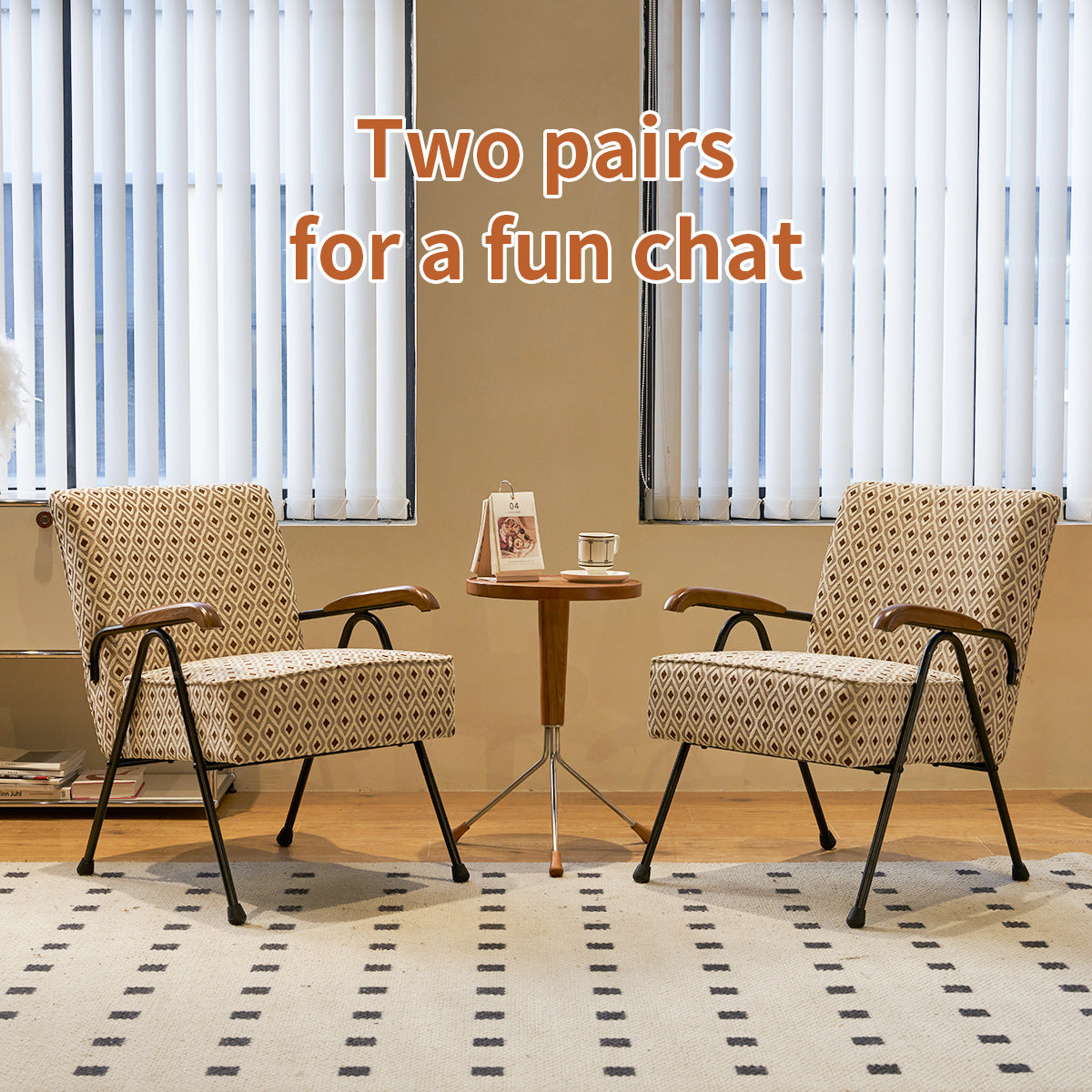 Retro armchairs with diamond pattern upholstery and wooden arms perfect for vintage living rooms