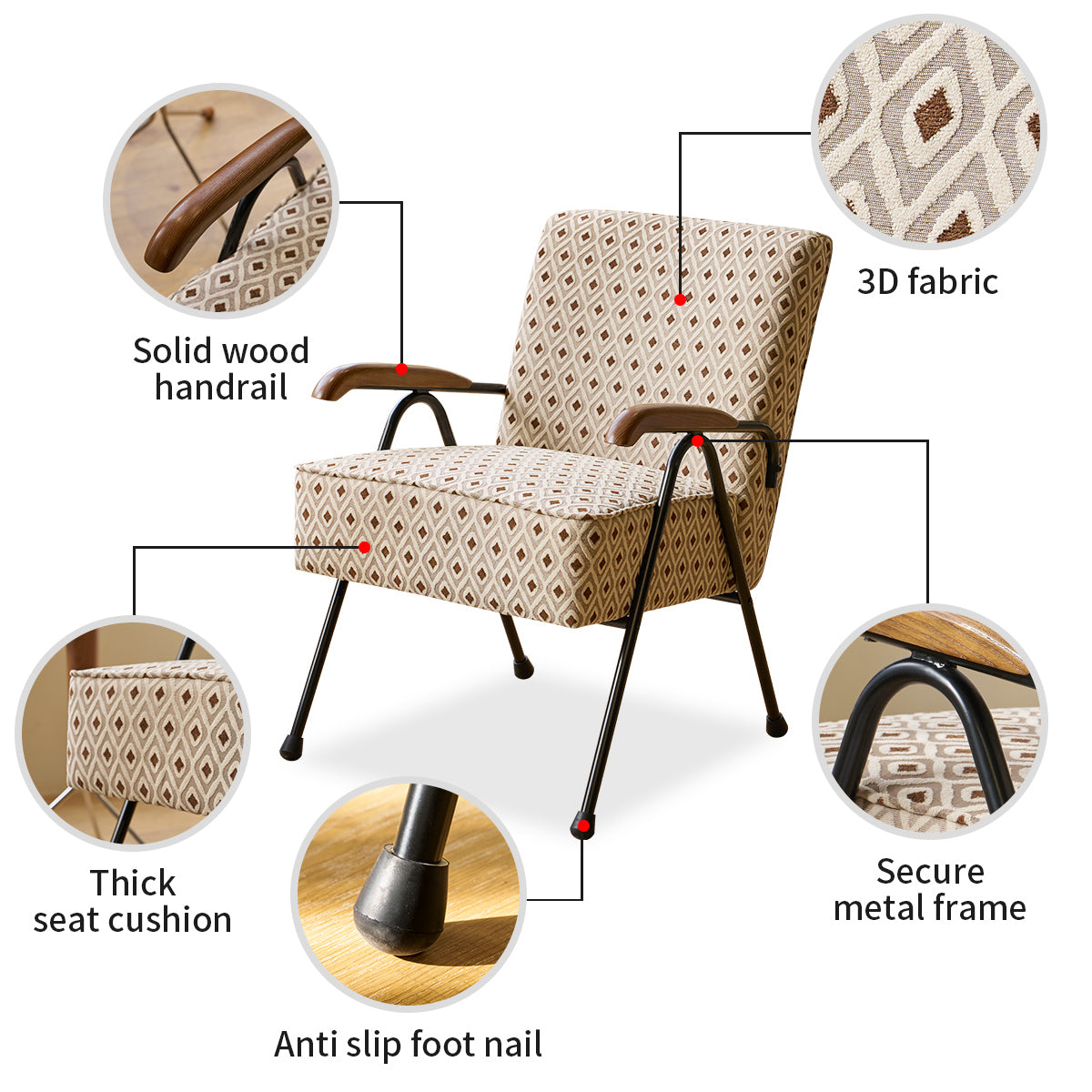 Tan patterned accent chair with solid wood handrail and metal frame