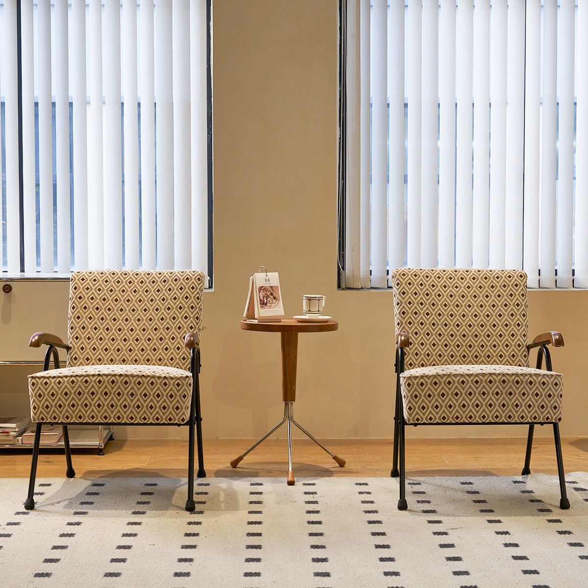 Midcentury modern armchair with diamond pattern upholstery and wooden arms